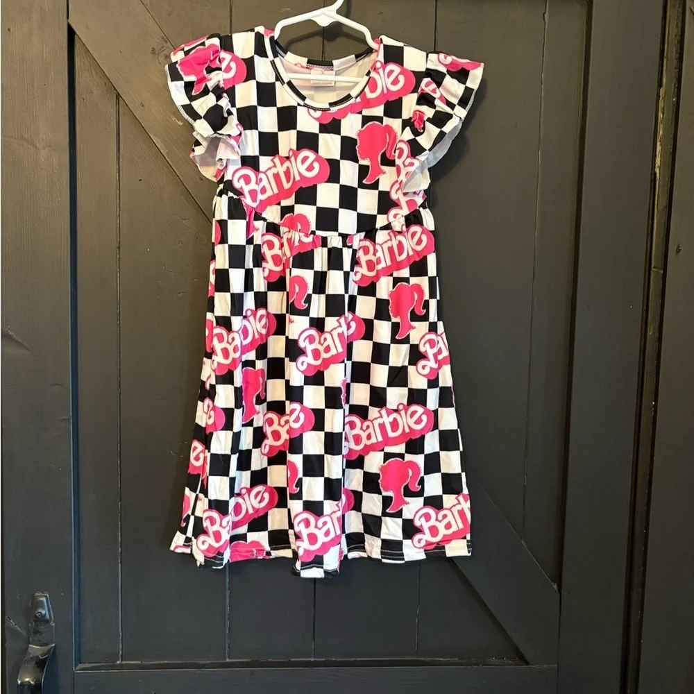 Barbie Kids Dress with Black and Pink Checkered Design
